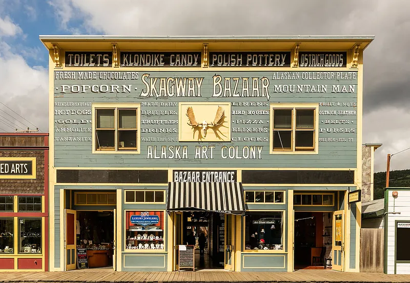 Skagway Bazaar, shop in Skagway Historic District in tradicional wooden style, Alaska, United States.