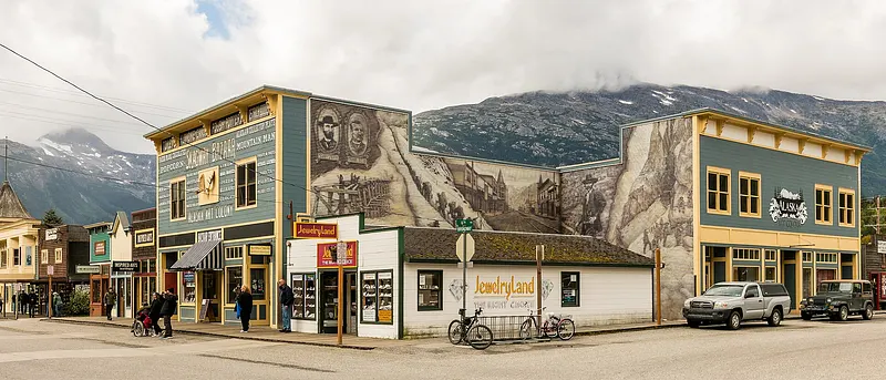Shops in Skagway Historic District in traditional wooden style, Alaska, United States.
